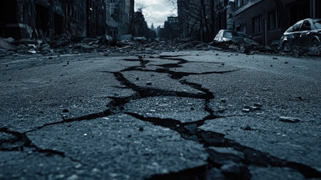 A close-up view of cracked pavement in a deserted city area, showcasing the aftermath of a natural disaster. The scene evokes feelings of isolation and destruction.の素材