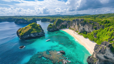 Stunning aerial view of a tropical beach featuring clear turquoise waters, lush green cliffs, and soft white sand, perfect for a serene getaway.の素材