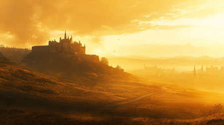 Stunning image of a fortress atop a hill illuminated by a golden sunset, showcasing dramatic landscapes and serene natural beauty, perfect for travel and adventure themes.の素材