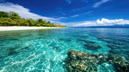 Experience a tranquil tropical beach with crystal clear water and vibrant greenery. The serene landscape offers a perfect escape for relaxation and exploration.の素材