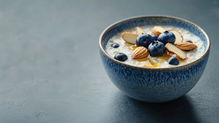 A vibrant bowl of healthy breakfast featuring creamy oats topped with fresh blueberries and crunchy almonds, perfect for a nutritious start to your day.の素材