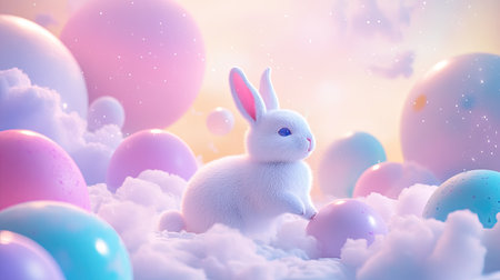 A charming white rabbit sits among vibrant pastel bubbles in a soft, fluffy cloud backdrop. This dreamy scene captures a whimsical and peaceful atmosphere perfect for creative projects.の素材