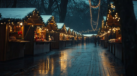 A tranquil winter market features beautifully lit stalls under a dusky sky. The empty pathway reflects the enchanting lights, creating a cozy holiday atmosphere.の素材