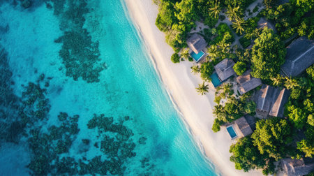 Stunning aerial view capturing the beauty of a tropical island with lush greenery, white sand beach, and crystal-clear turquoise water, perfect for vacations.の素材