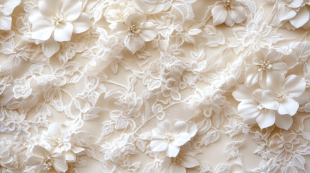 This elegant floral lace background features white flowers, ideal for wedding decor, crafts, or styling. The intricate details create a soft, romantic atmosphere.の素材