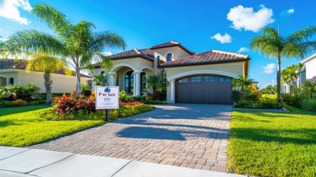 This stunning house for sale features a charming exterior with a well-kept garden, palm trees, and a welcoming driveway, perfect for families seeking a sunny location.の素材