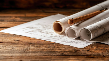 A close-up view of architectural blueprints and rolled paper on a rustic wooden table, showcasing tools of the trade for design and engineering projects.の素材