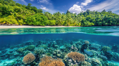 Experience the stunning beauty of a vibrant coral reef nestled beneath crystal clear waters, surrounded by lush greenery and a serene beach landscape.の素材