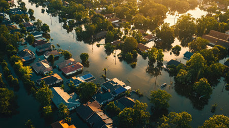 An aerial view showcases a flooded residential area engulfed in water. The scene highlights roofs peeking out from the rising tide, surrounded by lush trees.の素材