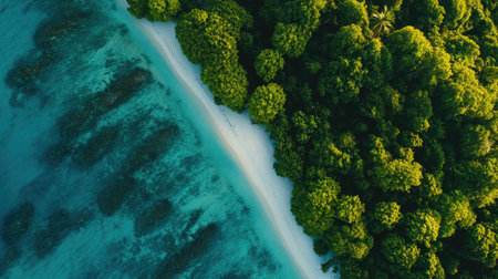 Stunning aerial perspective showcasing a lush green forest meeting a tranquil sandy beach, emphasizing the beauty of nature and coastal serenity.の素材