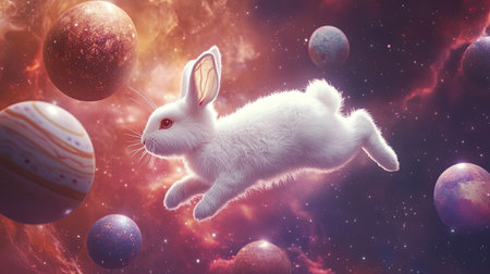 A whimsical white rabbit leaps joyfully through a vibrant cosmic space filled with colorful nebulae and distant planets, blending fantasy and wonder.の素材