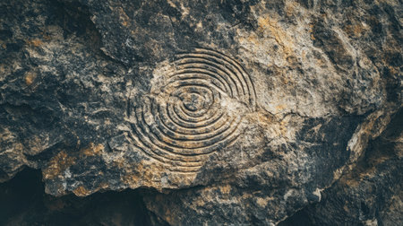 A captivating and intricate circular pattern engraved on a rugged rock surface, showcasing the beauty of nature's art and the mystery of ancient craftsmanship.の素材