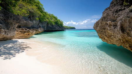 Discover a tranquil tropical beach with clear turquoise waters and striking rocky cliffs. This stunning scene showcases nature's beauty and perfect relaxation.の素材