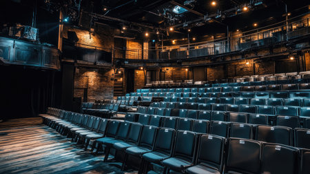 Captivating view of an empty theater showcasing rows of chairs under soft lighting, creating an inviting, tranquil atmosphere perfect for performances.の素材