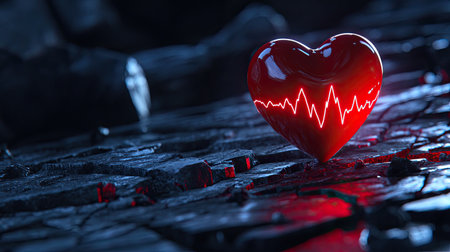A vibrant red heart glows against a dark, cracked surface, featuring a heartbeat line. This imagery symbolizes love, health, and emotional connections.の素材