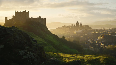 This breathtaking image showcases Edinburgh Castle standing proudly over the ancient city, illuminated by the warm glow of sunrise, with lush greenery and soft fog creating a serene atmosphere.の素材