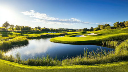 A stunning view of a tranquil golf course featuring lush green grass, calm water reflecting the sky, and a peaceful atmosphere perfect for relaxation and leisure activities.の素材