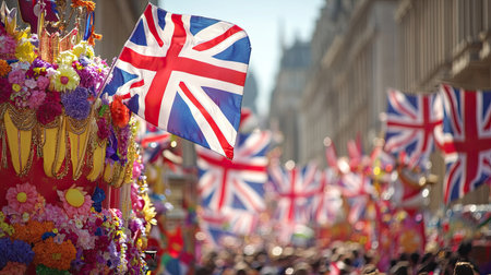 A vibrant street scene featuring a lively British parade filled with colorful decorations and numerous flags. The atmosphere is festive and joyful, inviting everyone to celebrate.の素材