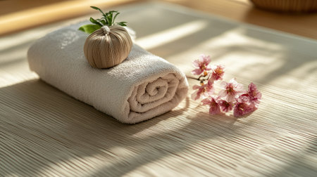 A serene setting featuring a soft spa towel topped with a herbal pouch and delicate cherry blossoms, creating a peaceful atmosphere for relaxation and wellness.の素材