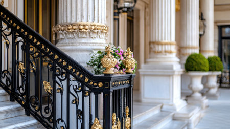 A close-up view of an elegant entrance featuring ornate railings, lush greenery, and intricate architectural details, perfect for luxury real estate or decor themes.の素材