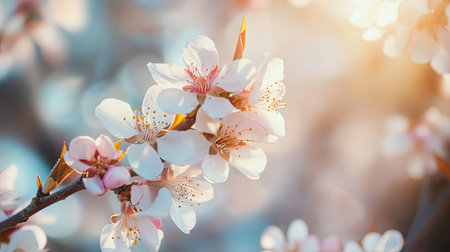 A stunning close-up of delicate white and pink floral blooms glistening in the soft morning sunlight, creating a serene and tranquil atmosphere.の素材