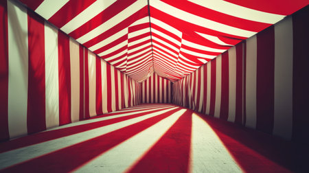 Explore a captivating interior of a vibrant red and white striped tent. The geometric patterns and dramatic shadows create an abstract and playful atmosphere, perfect for creative projects.の素材