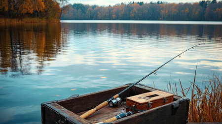 Capture the serenity of a tranquil lake scene featuring fishing gear, autumn foliage, and reflections, inviting moments of relaxation and outdoor adventure.の素材
