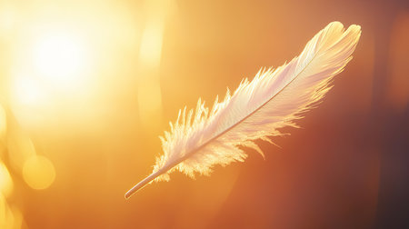 A delicate feather gracefully floats in warm golden light, creating a serene and dreamy atmosphere. The soft background enhances its ethereal beauty.の素材
