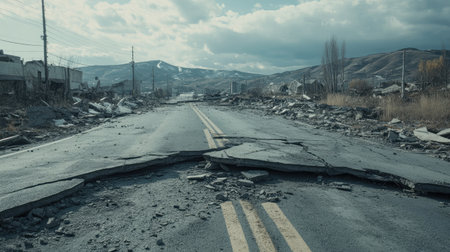 A devastated roadway lies cracked and broken, surrounded by a barren landscape. The scene captures the aftermath of a natural disaster, showcasing destruction and isolation.の素材