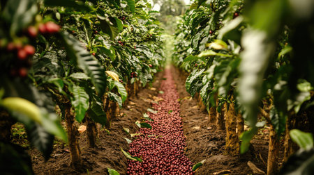 Explore the vibrant greenery of a coffee plantation lined with ripe red berries. This lush agricultural setting captures the essence of coffee growth and harvesting.の素材