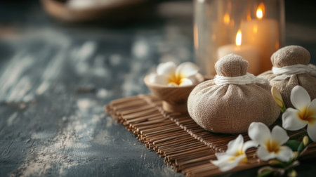 Experience tranquility with this serene spa setup featuring candles, natural elements, and aromatic flowers. Perfect for relaxation and wellness themes.の素材