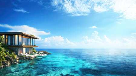A stunning luxury villa perched on the edge of a vibrant ocean, with breathtaking blue waters and a serene sky. Perfect for relaxation and escape.の素材