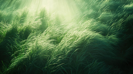 This image captures a serene landscape of lush green grass illuminated by soft sunlight. The gentle highlights create a tranquil and peaceful atmosphere, perfect for nature-themed projects.の素材