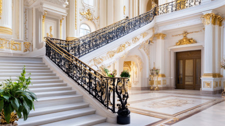 This stunning grand staircase features a luxurious design with intricate railings and elegant details, offering a breathtaking view of sophistication and style.の素材