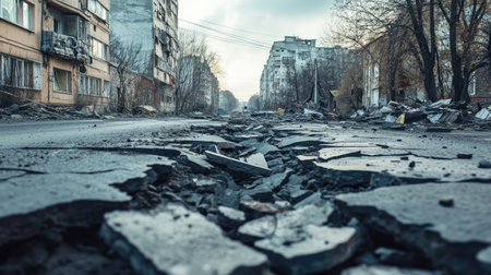 A haunting view of an urban street, featuring cracked pavement and abandoned buildings. The scene captures the devastation of a city, illustrating the impact of disaster and decay.の素材