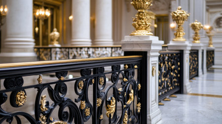 An elegant decorative railing showcases intricate design elements in a luxurious historic architecture interior, blending beauty and craftsmanship seamlessly.の素材
