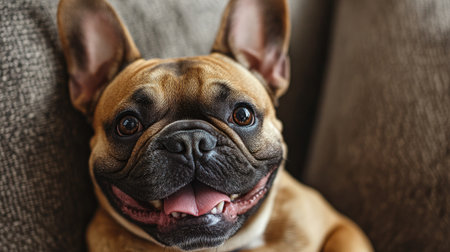 A cheerful French Bulldog lounges comfortably on a soft couch, showcasing its joyful personality. The close-up captures its happy expression and playful nature, making it an ideal image for pet lovers.の素材