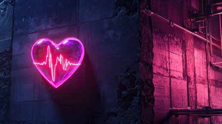 A striking neon heart sign pulsating with energy, set against an urban wall, creates a vibrant expression of love and emotion, perfect for modern decor.の素材