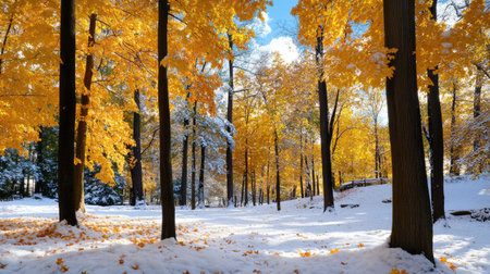 A picturesque forest scene showing vibrant yellow autumn leaves contrasting with freshly fallen snow under a bright blue sky. A serene winter landscape perfect for nature enthusiasts.の素材