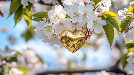 A radiant golden heart ornament hangs among vibrant cherry blossoms, symbolizing love and beauty in spring. Perfect for celebrations or nature themes.の素材