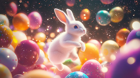A charming bunny leaps through a vibrant array of colorful Easter eggs, creating a magical and festive atmosphere perfect for spring celebrations.の素材