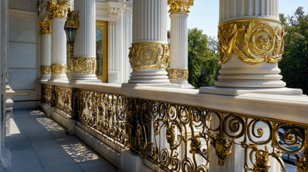 Discover the stunning beauty of ornate golden railings and grand columns in this architectural masterpiece, showcasing intricate design and luxurious details.の素材