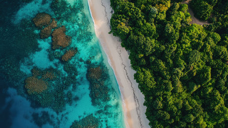 Experience the serene beauty of a secluded beach where a lush green forest meets the stunning turquoise waters of the ocean, ideal for nature lovers.の素材