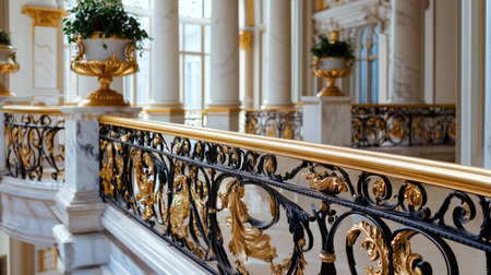 Explore the stunning architectural details of a grand interior showcasing ornate railings and luxurious gold accents throughout the elegant space.の素材