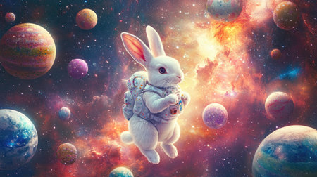 A charming scene featuring a fluffy bunny in an astronaut suit, floating amidst vibrant planets and a colorful cosmic background, igniting imagination and wonder.の素材