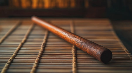 A beautifully crafted wooden chopstick rests on a rustic bamboo mat, highlighting its texture under soft lighting, perfect for culinary and dining themes.の素材