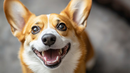A joyful corgi exhibits a wide smile and bright eyes in this close-up image. The cheerful expression captures the essence of companionship and happiness in pets.の素材