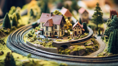 This vibrant miniature village diorama features detailed houses, people, and train tracks, showcasing intricate craftsmanship and creativity in model-making.の素材