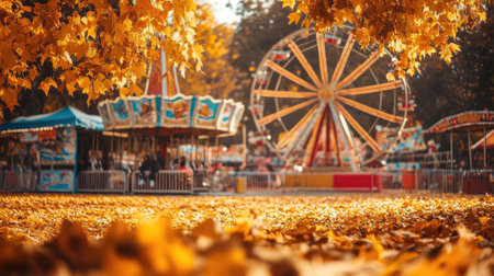 A vibrant autumn carnival scene filled with rides and colorful leaves. The Ferris wheel and merry-go-round capture the joy of fall festivities.の素材