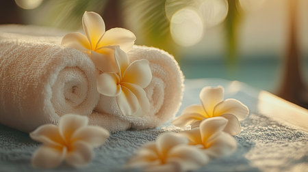 A serene spa setting featuring soft white towels and delicate tropical flowers. This tranquil ambiance is perfect for relaxation and self-care.の素材